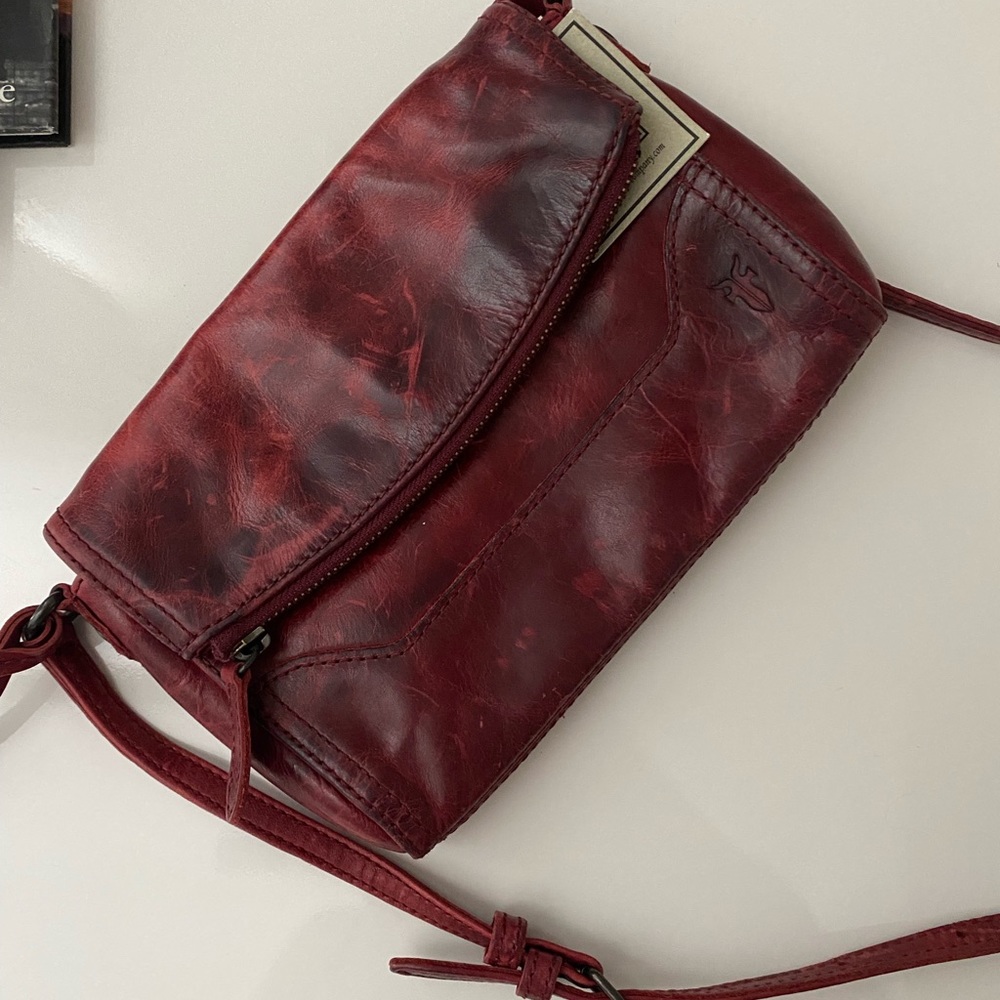 Frye Crossbody in distressed burgundy leather.